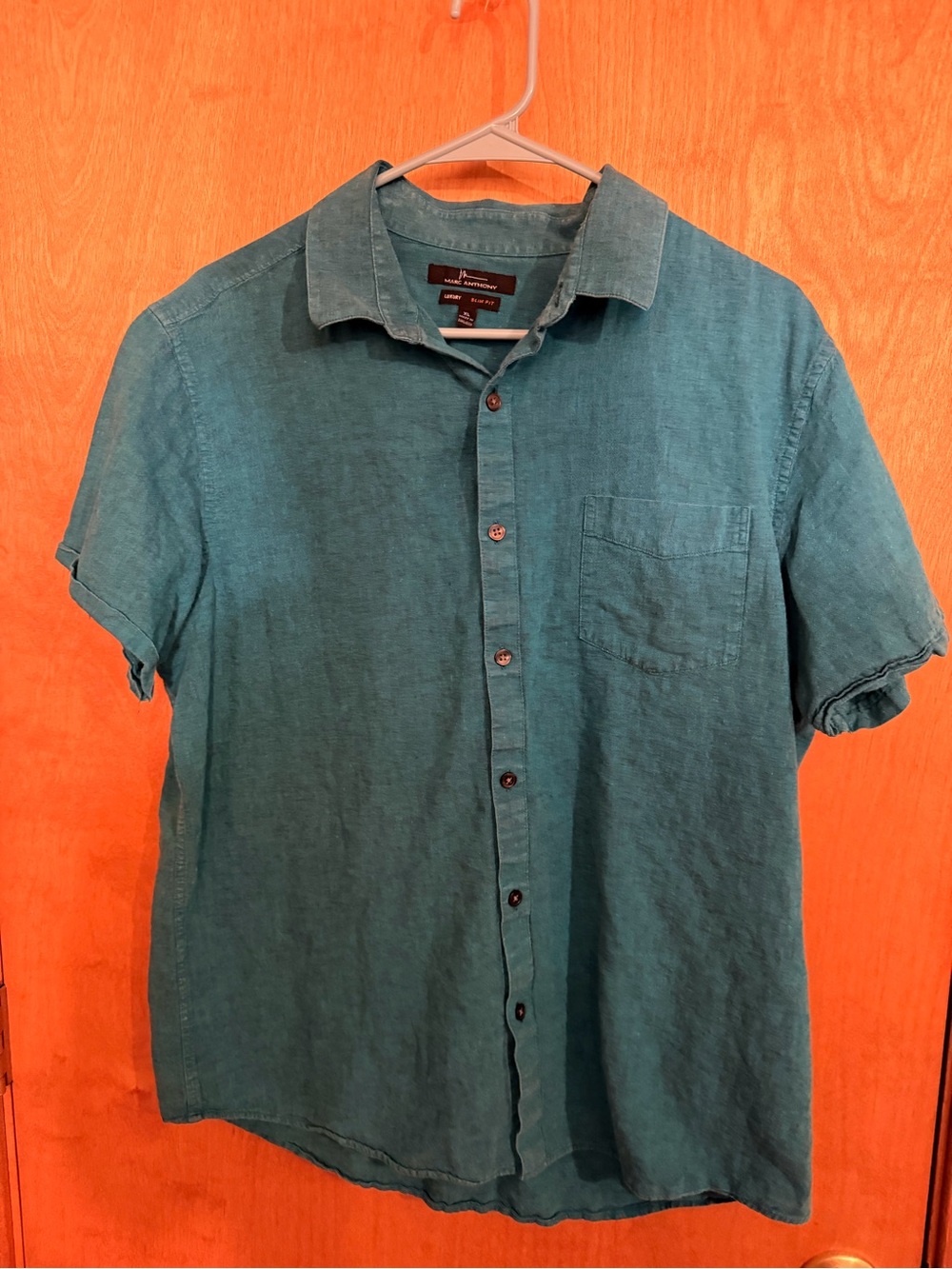 Marc Anthony Teal Short-Sleeve Linen Button-Down Shirt